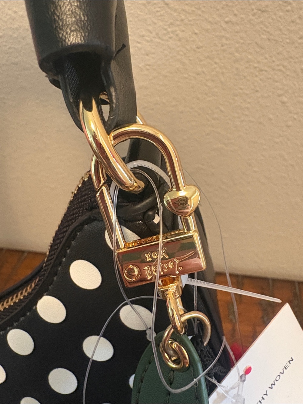 Betsey Johnson Black & White Polka Dot Crescent Shoulder Bag with Cherry Charm - Picture 10 of 16